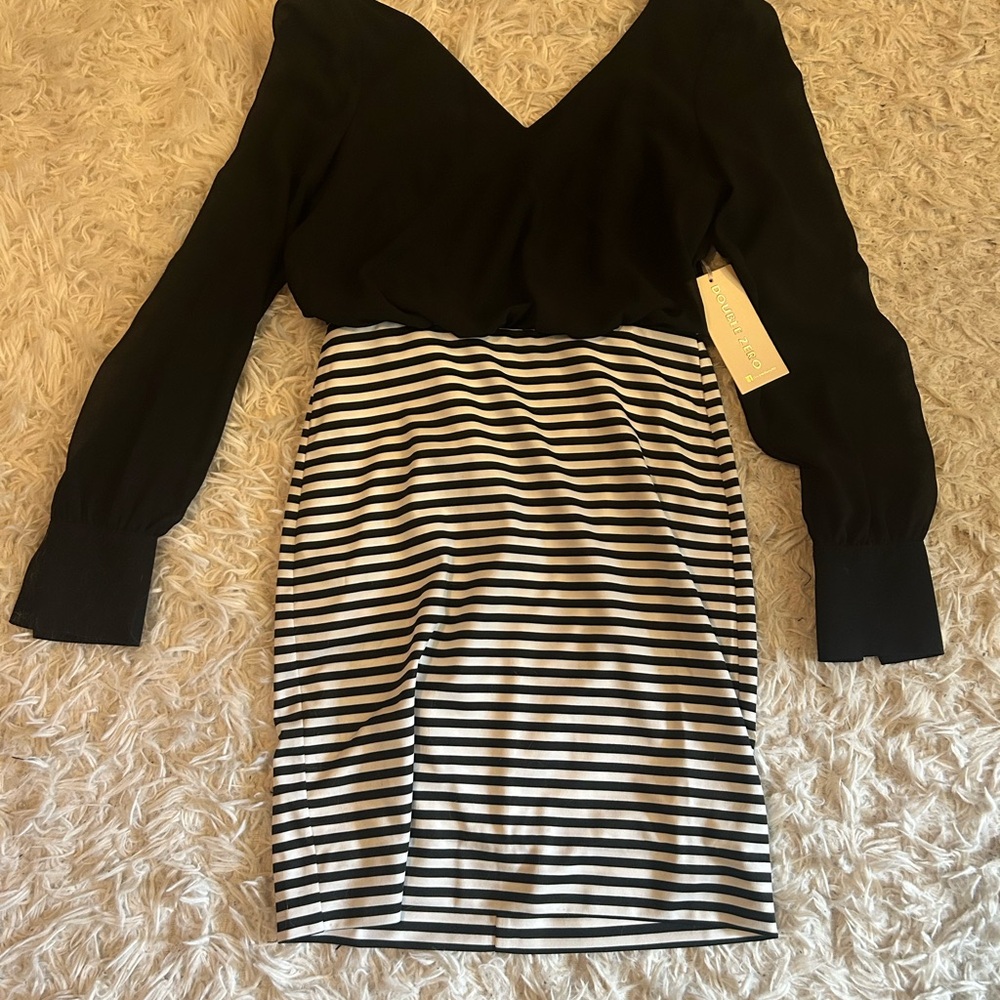 Double Zero Black and White Striped Long Sleeve Dress